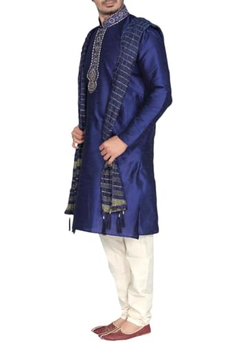 MKP9007 Blue and Ivory Men's Kurta Pyjama Indian Suit Bollywood Sherwani2