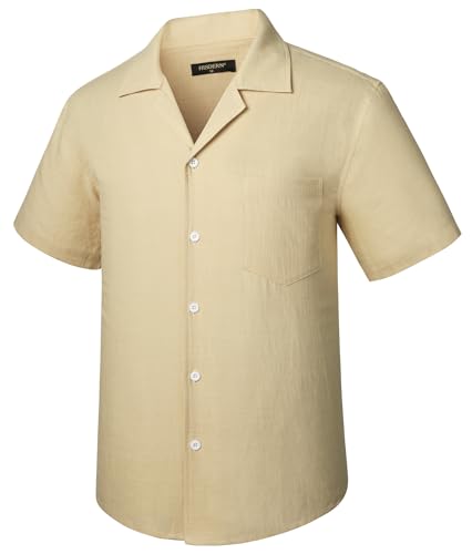 HISDERN Short Sleeve Shirts for Men Casual Summer Contton Linen Shirt Button Down for Beach Holiday Regular Fit Khaki L