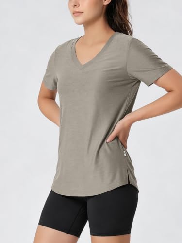 Image of ODODOS Women's Short Sleeve Performance V-Neck Tunic Tops, Ultra Soft odSTRATUM Tech Tee, Side Slit Relaxed T-Shirts
