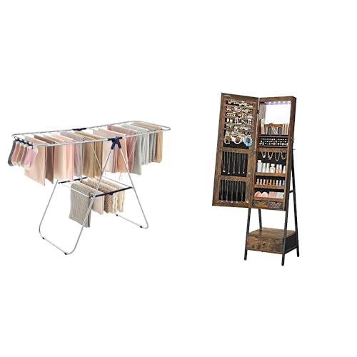 SONGMICS Gabinete de joyería LED de pie con espejo de longitud completa, cajón inferior y estante, color marrón rústico UJJC025X01 Tendedero de ropa