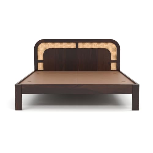 Image of Sheesham Wood Cane Bed Without Storage for Bedroom | King Size Wooden Double Bed Palang with Curved Rattan Headboard (Walnut Finish)