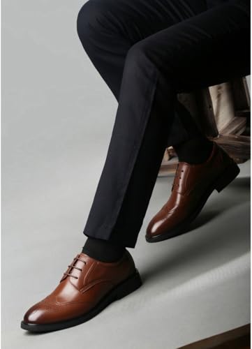 Mens Brogue Oxford Leather Dress Shoes British Style Business Casual Pointed Toe Lace-Up Wedding Formal Footwear(Brown,10)4