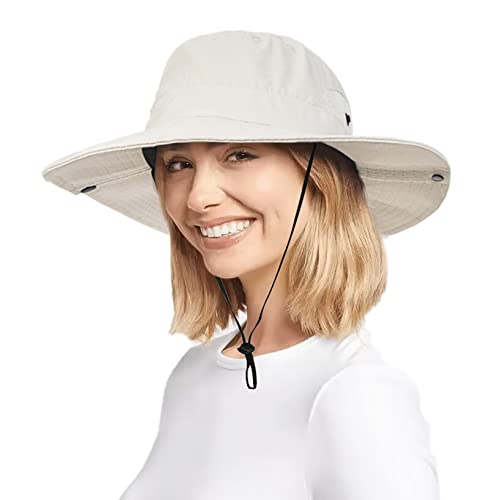 Womens Summer Quick-Dry-Sun-Hat Outdoor Mesh Wide Brim Uv-Protection Beach Fishing Hat With Ponytail Hole Foldable Beige #TOP1