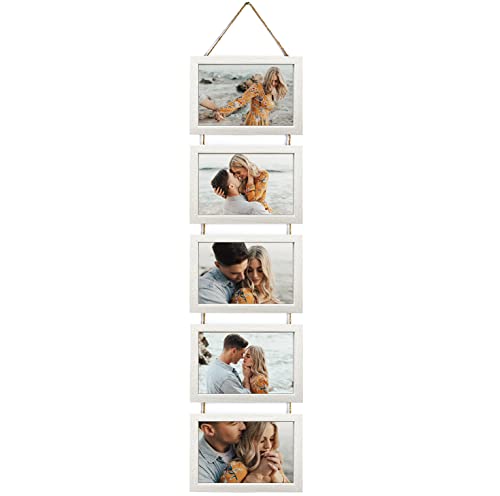 Ichigo Ichie Portafotos Múltiple Decorativo, Marcos de Fotos de Madera con Cuerda para Colgar en la Pared para 5 Fotos de 10x15cm, Blanco