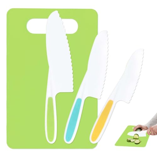 Tweozek 4PCS Toddler Knife Set for Chopping, Montessori Kids Cooking Set Kids Safe Knives with Cutting Board for Real Cooking, Plastic Kitchen Knife Set Friendly Knives for Sandwich Bread Vegetable