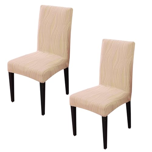 Image of HOKIPO 200 GSM Premium Knitting Jacquard Elastic Dining Table Chair Cover Set of 2, 'Nestiva Series' Blush Beige (AR-6072-BGE)