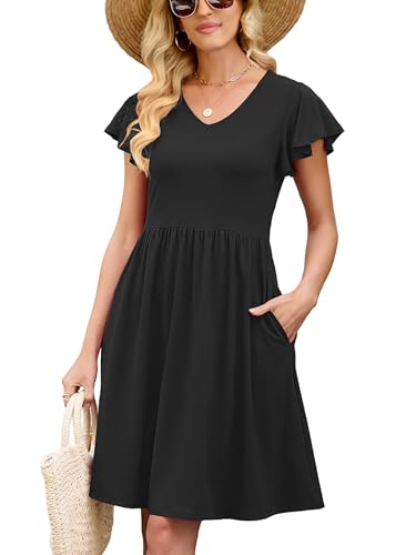 Image of Heymoments Women's Ruffle Sleeve V Neck Swing Sundress Summer Casual A-Line Midi Dress with Pockets S-2XL
