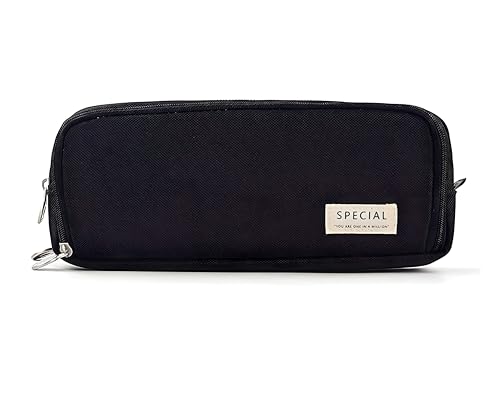 Image of OSDUE Canvas Premium Pencil Case, 6 Layer, 3 Compartments, Large Capacity, Cute Aesthetic Design for Girls, Multifunctional Pouch for School Kids, Black, Horizontal