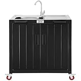 Feasto Outdoor Kitchen Island with Stainless Steel Sink and Storage Cabinet, 35-Inch BBQ Prep Station with Faucet & Lockable Wheels for Patio, Backyard, and Outdoor Cooking, Black & Silver
