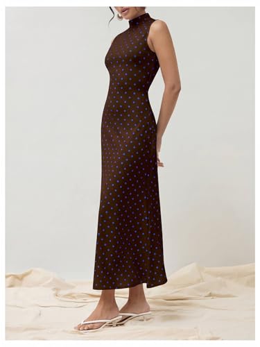 Image of Milumia Women's Polka Dots Maxi Tank Dress Vintage Mock Neck Sleeveless Elegant Long Dresses