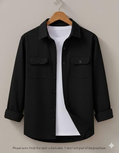 Image of Men's Black Casual Shirt, Long Sleeve, Dual Chest Pockets, Button-Down Collar