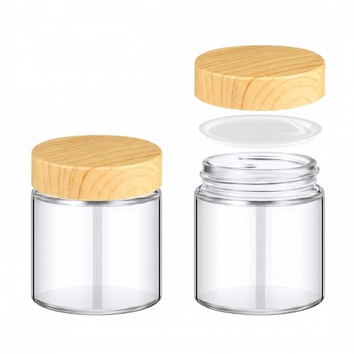 Norme 2 Pcs Glass Jars with Lids, Empty Glass Containers with Lids &amp; Inner Liners, Reusable for Storing Creams Lotions Cosmetic Powder Ointments Making (4 oz,Elegant Natural Wood Grain)