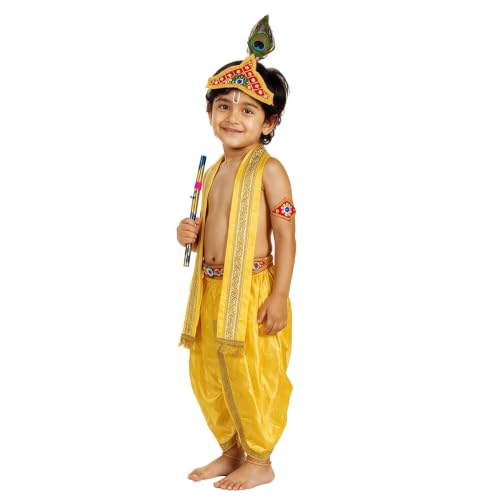 Image of Shri Krishna Costume Set - Ethnic Wear with Golden Jari Angavastram & Dhoti, Traditional Dress Set of 7 for Boys & Girls - Ideal for Janmashtami, Fancy Dress, and Festivals