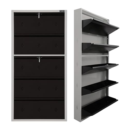 Image of 5 Door Metal Shoe Rack with Door Wall Mounted | Fits Size 12 Shoes | Steel Shoe Cabinet 30 Inch Wide 15 Pairs Capacity | CRC Heavy Duty Powder Coated | Dual Lock System (Dark Brown, 5 Door)