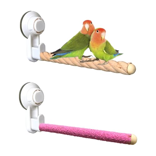 2Pcs Bird Perch With Suction Cup, Wooden Parrot Stand, Shower and Window Perch, Grinding Stick Training Toys, Wall Bath Car Travel Stand for Small and Medium Birds