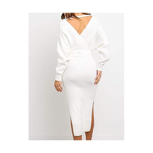 Chang Yun Women's Long Maxi Sweater Dresses Sexy Wrap Batwing V Neck Slit Open Back Holiday Bodycon Dress with Belt