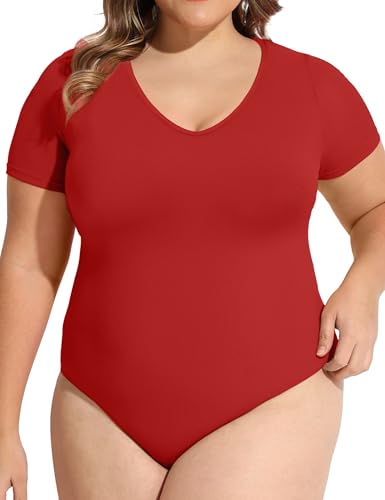 Image of COOTRY Plus Size Short Sleeve Bodysuits for Women V Neck Body Suit Tops Basic One Piece Bodysuit T Shirt