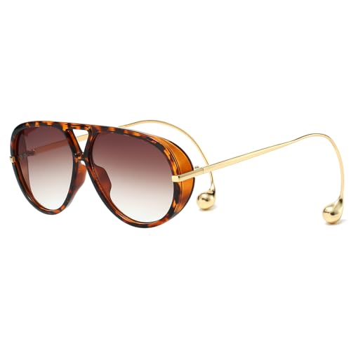 YAMEIZE Oversized Pilot Sunglasses for Women Men Retro 70s Double Bridge With Earring Round Shield Big Sun Glasses UV400 (Leopard-GradientBrown)