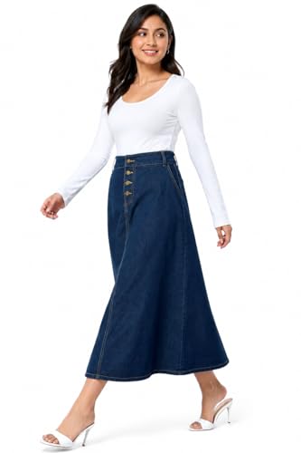 Image of Navy Blue Plus Size Buttoned A-Line Maxi Denim Women Skirt