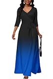 AOMONI Womens Maxi Dress Gradient Long Casual V Neck 3/4 Sleeves Sundresses with Belt Black Blue M