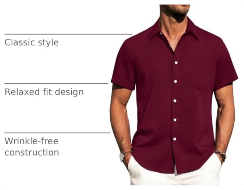 Image of Alimens & Gentle Mens Linen Shirts Short Sleeve Button Down Shirts Wrinkle Free Casual Vacation Beach Summer Tops
