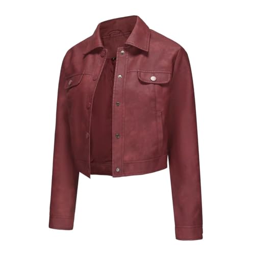 Women's Cropped Faux Leather Bomber Jacket Turn-Down Collar Flap Pocket Snap Retro Shape Coat2