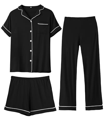 Image of Rnxrbb 3 Pieces Postpartum Nursing Pajamas Set Button up Maternity Breastfeeding Pjs Top Pants Sleepwear Clothes for Women,Black M