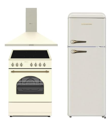 SOLTHERMIC PACK 3 EN 1 CREMA RÚSTICO COCINA VTC XL 60 CM CON HORNO AMPLIO + CAMPANA DECORATIVA 60 CM Y FRIGORIFICO 2P F2PR147C 1,47 x 55 gran capacidad de HASTA 220L y bajo consumo