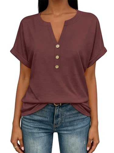 Image of EyMuse Womens Short Sleeve Henley Tops Fashion Casual V Neck Summer Tshirt | Summer Button Up Top Fashion Soft Basic Tees Blouses Spring Comfortable Classic Clothing Resort Wear for Women 2026