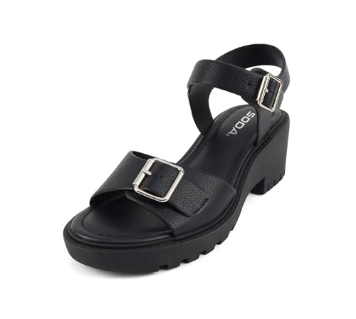 Soda Remo ~ Women Round Toe Buckle Strap Lug Sole Wedge Sandal2