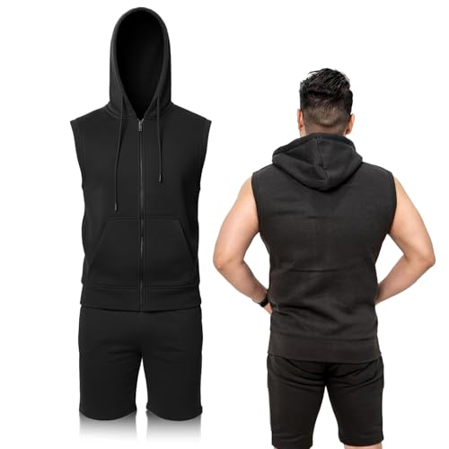 NOROZE Herren-Kapuzenpullover und kurzer Trainingsanzug, ärmellos, mit Reißverschlusstaschen, lässiges Oberteil (L, Black)