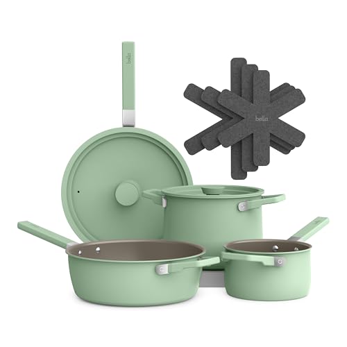Image of bella 9 Piece Ceramic Nonstick Cookware Set, Fits-anywhere Kitchenware w EverGood Coating, Dishwasher & Oven Safe, All Stovetops Compatible, Stackable Design, Cool Touch Handles, Seaglass