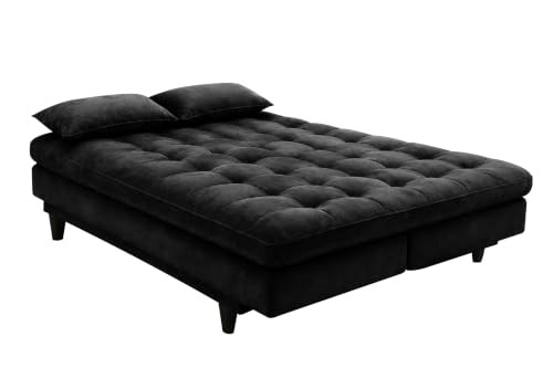 Image of 3-Seater Velvet Sofa Cum Bed | Tufted Convertible Sleeper Sofa | Plush Cushioned Seating | Space-Saving Design for Living Room, Bedroom & Office | Black
