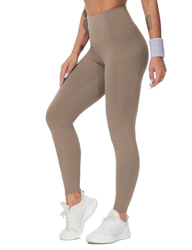 Image of THE GYM PEOPLE Thick High Waist Yoga Pants with Pockets, Tummy Control Workout Running Yoga Leggings for Women
