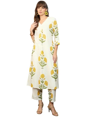 Image of INDO ERA Women's White Pure Cotton Printed Straight Kurta & Pant Set (KS0WH6702)