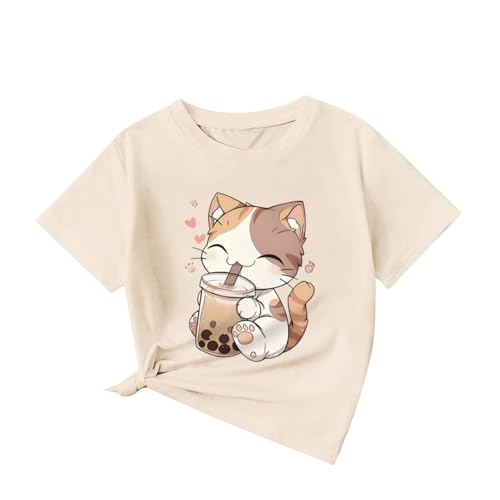 Image of KEEVICI Cute Cat Shirts for Girls Graphic Tees Bubble Tea Tshirt Kids Kawaii Cartoon Animal Print T Shirt Summer Cotton Tops