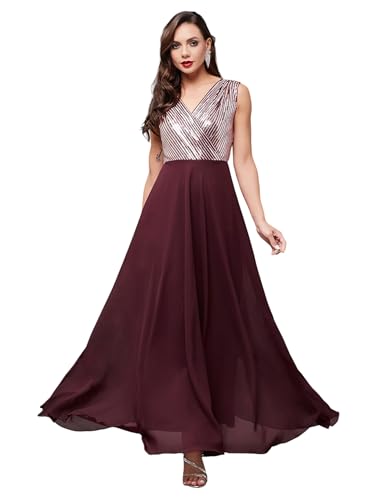 Image of Miss Chase Women's Round Neck Sleeve Embellished Fit Flare Maxi Dress