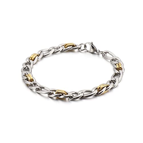 Chaîne Gourmette Homme, Bracelet Acier Inoxydable Homme 23 cm Bracelet Chaîne Figaro Bicolore 8 mm Largeur Cover