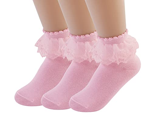 Image of Women Double Layer Ruffle Socks with Lace Trim - Princess Dress Socks, 3 Pairs