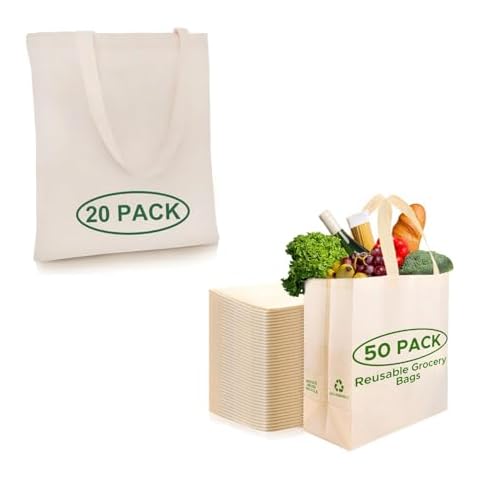 Simply Cool Cotton Beige Reusable Tote Bags 13"x15" (20 Pack) and Large Cream Reusable Shopping Bags 14.5"x14"x6.6" Foldable, Tote Bags Bulk (50 Pack) Cover