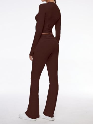 Image of AnotherChill Women's Long Sleeve Top Foldover Flare Pants Lounge Set | 2 piece cropped shirt and slim flare trousers comfy loungewear, soft modal casual matching sets, travel airport outfits