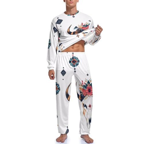 Bulls Skull Mens Pajama Set Soft Long Sleeve Sleepwear Lounge Set Pjs3