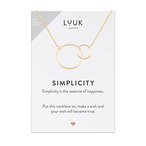 LUUK LIFESTYLE Collar de plata de ley 925 con círculos colgantes, aros entrelazados y tarjeta SIMPLICITY, símbolo de amor y unión, regalo para San Valentín, novia, joyas para mujeres, dorado