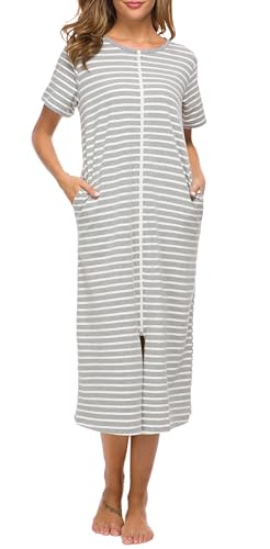 Women Short Sleeve Zip Front Nightgowns Full Length Cotton Robes Loose Housecoat Loungewear with Pockets S-XXL2