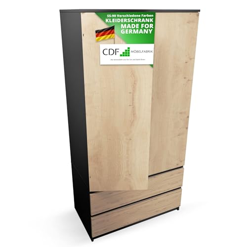 CDF Kleiderschrank 90 cm Breit Kinderkleiderschrank Zweitüriger Kleiderschrank 2 Schubladen 3 Regalen Einer Kleiderstange Schlafzimmer Laminierte Platte 16mm Mehrzweckschrank Eiche Artisan / Anthrazit