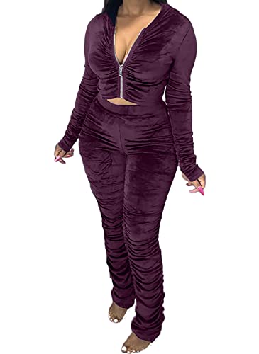 Womens Sexy Bodycon Velour Tracksuits 2 Piece Outfits Long Sleeve Zipper Hoodie Jackets Drawstring Stacked Pants Set Sweatsuits For Party Going Out Purple #TOP29