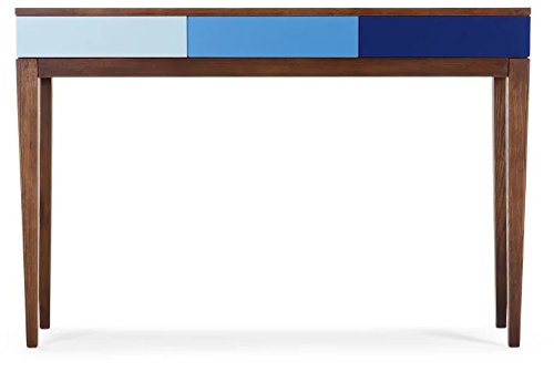 Slim Storage Console Desk in Dark Stain Ash and Blue – Perfect Tables For Any Hallway, Living Rooms, Dining Room, Conservatory and Bedroom featuring Three Ombre Drawers