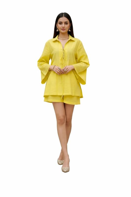 RAY Play Western Yellow Cotton Co-Ord Set for Women | Casual Tunic Top with Bell Sleeves & Shorts | Stylish Summer Outfit for Women-image-32