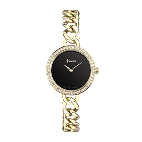 Accurist Jewellery 78006 Montre à quartz noire avec affichage analogique et bracelet en acier inoxydable doré 28 mm