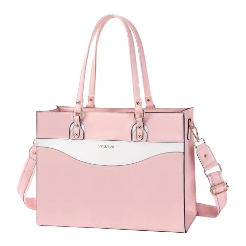 MOSISO Laptop Tote Bag for Women, 15.6 inch Work Teacher Laptop Bag, PU Leather Curved Line Computer Briefcase, Large Capacity Handbag for Business Office, Pink